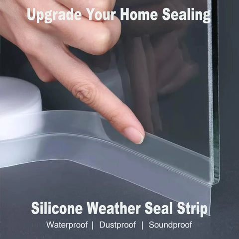 Close-up of clear silicone weather seal strip being installed under a door bottom; 35mm width, 49 ft total (3 rolls).