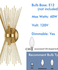 Brass Vanity Light Mid Century Starburst Wall Sconce With Two Light Modern Wall Mounted Bath Fixture featuring metal rods and round backplate