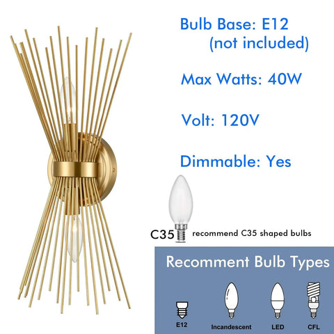 Brass Vanity Light Mid Century Starburst Wall Sconce With Two Light Modern Wall Mounted Bath Fixture featuring metal rods and round backplate