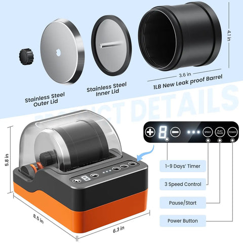 Diagram of Ultra Quiet Rock Tumbler Kit With Noise Reduction Cover, 3 Speed Motor and 9 Day Timer, showing components and features