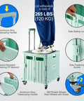Front view of green MACOPRO folding utility cart with lid, telescoping handles, and four rotating wheels.