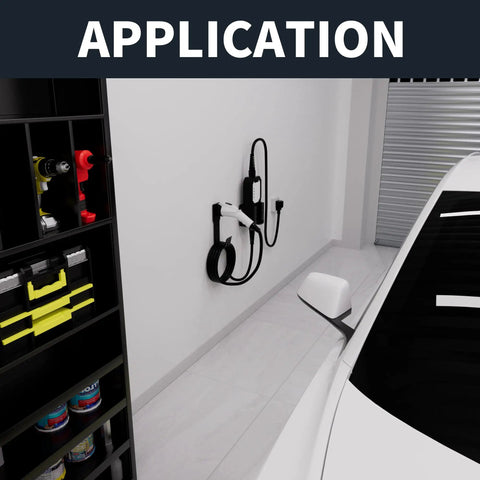 Built Tough EV Charger Holder Wall Mount Kit With J1772 Cable Dock mounted on wall beside tools in garage setting.