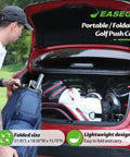Link Ready Four Wheel Golf Push Cart All Terrain Walking Caddy With Beast Mode Slope Stability in car trunk for easy transport.