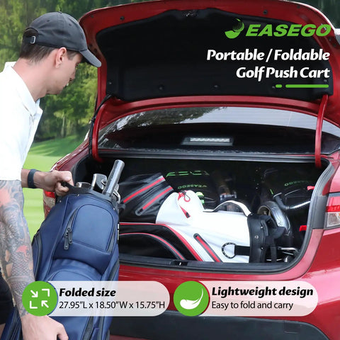 Link Ready Four Wheel Golf Push Cart All Terrain Walking Caddy With Beast Mode Slope Stability in car trunk for easy transport.