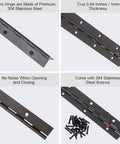 Built Like A Tank 304 Black Stainless Steel Continuous Piano Hinges Eight Inch with 304 stainless steel screws and thickness details.