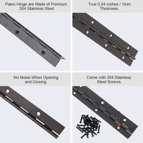 Built Like A Tank 304 Black Stainless Steel Continuous Piano Hinges Eight Inch with 304 stainless steel screws and thickness details.