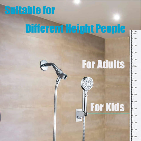 Heavy Duty Shower Head Holder With Tough As Nails Adhesive shown at adjustable heights for adults and kids in a bathroom setting.