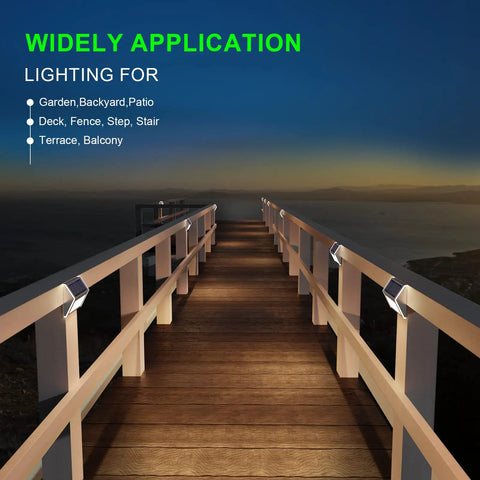 Solar Fence Lights 12 Pack Outdoor Waterproof Deck Lights installed along a wooden pathway railing at sunset.