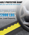 Beefed Up Heavy Duty 5 Pack TPU Cable Protector Ramp With 2 Channel Design for driveways shown with tire on ramp