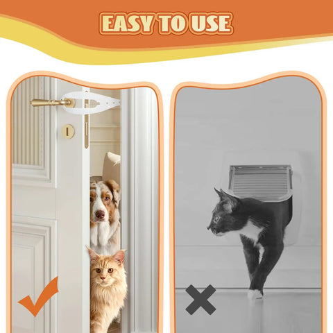 Heavy Duty Adjustable Cat Door Latch Keeps Pups Out While Cats Roam Free 2.5 To 6 Inch White Two Pack with cat and dog demonstration.