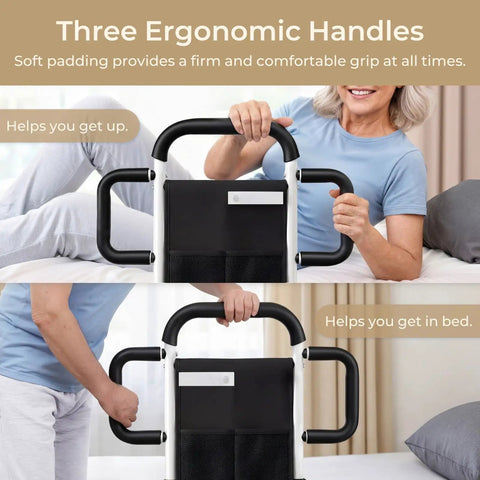 Heavy Duty Bed Rail For Seniors With 400 Lbs Support ASTM Certified showing ergonomic triple non-slip handles.