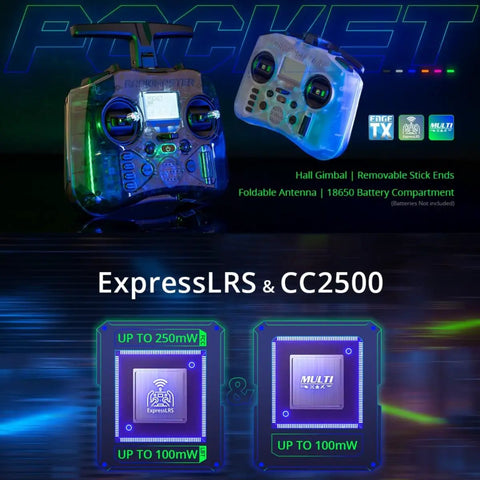 Pocket Hall Gimbal Transmitter Remote Control for RC Drones And Models with ExpressLRS and EdgeTX features displayed.