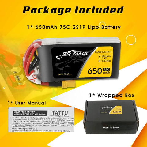 650mAh 2S 7.4V LiPo Battery With XT30 Plug For 120 Size FPV Rigs, manual, and packaging shown on yellow background