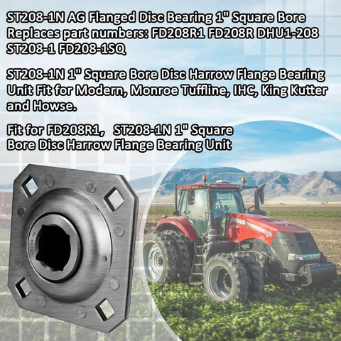 Flanged Disc Harrow Bearing 1 Inch Square Bore For Farm Gear, Relubricable, Riveted Flange, 3.313 Inch To 4.69 Inch Bolt Hole Centers, Farm Grade AG Style Replacement Bearing, shown on tractor image