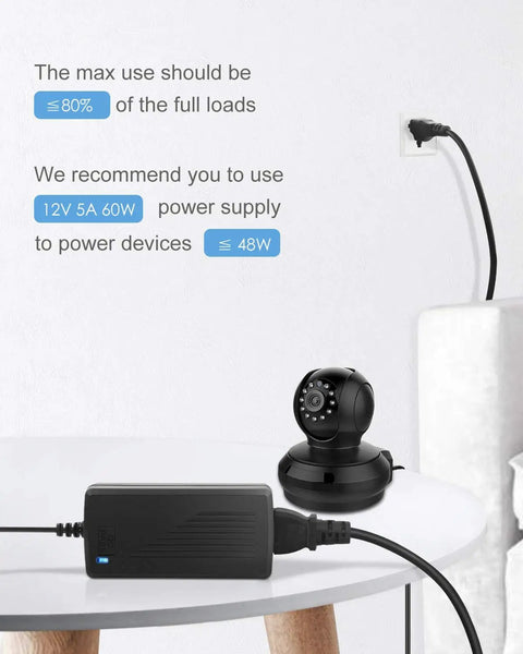 12V 5A LED Strip Power Supply, 60W AC to DC Adapter connected to CCTV camera on table, illustrating power usage