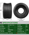 Beefy 26x12x12 Lawn Mower Tires For Garden Riding Mower And Lawn Tractor Tubeless 6PR 1780 Lb Load At 20 PSI Set Of 2 Easy Install Heavy Duty Traction Upgrade, shown with tread and sidewall specs