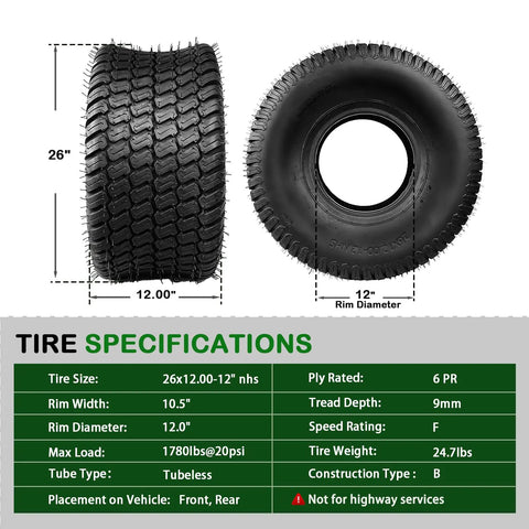 Beefy 26x12x12 Lawn Mower Tires For Garden Riding Mower And Lawn Tractor Tubeless 6PR 1780 Lb Load At 20 PSI Set Of 2 Easy Install Heavy Duty Traction Upgrade, shown with tread and sidewall specs