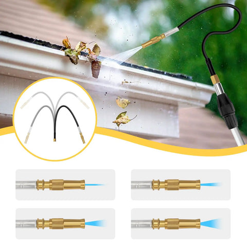 20ft Reach Telescopic Gutter Cleaning Tool With Garden Hose Attachment spraying water onto gutter littered with leaves.