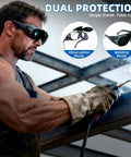 Man using Swappable Dual Lens Welding Glasses ANSI Z87.1 Certified Safety Eyewear for welding, showing observation and welding modes.