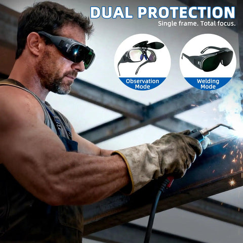 Man using Swappable Dual Lens Welding Glasses ANSI Z87.1 Certified Safety Eyewear for welding, showing observation and welding modes.