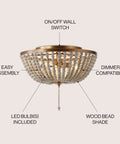 Allison 3 Light LED Flush Mount Ceiling Light With Wood Beaded Shade In Antique Gold Cream, showing wood bead shade and features