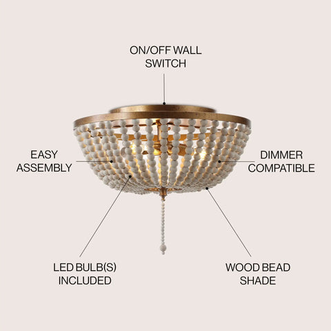 Allison 3 Light LED Flush Mount Ceiling Light With Wood Beaded Shade In Antique Gold Cream, showing wood bead shade and features