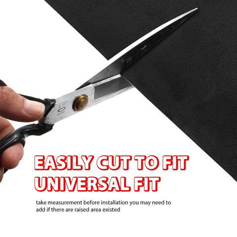 MOTUKA black suede headliner fabric with foam backing being cut with scissors