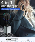 Retractable Car Charger Featuring Hella Convenient 36W Retracted Cable Plus Extra USB C And USB A Ports For Up To 75W Fast Charging Keeps Your Devices Running Smooth, showing charging ports and cables.