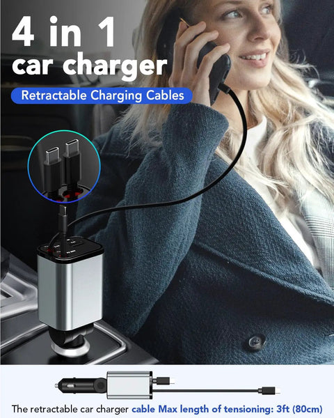 Retractable Car Charger Featuring Hella Convenient 36W Retracted Cable Plus Extra USB C And USB A Ports For Up To 75W Fast Charging Keeps Your Devices Running Smooth, showing charging ports and cables.