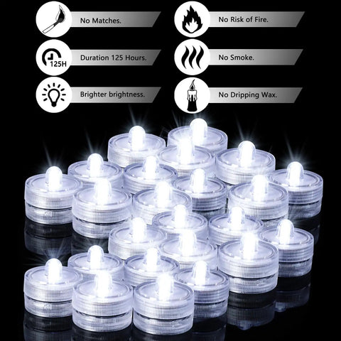 Submersible LED Tea Lights Set for Pond and Water Features, Battery Operated Underwater Lights, 24 Pack White on reflective surface