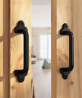 Heavy Duty 9 Inch Antique Barn Door Handle Set Of 2, Rugged Rustic Retro Cast Iron Pulls For Gates Garages Sheds And Furniture, Black Powder Coated Finish, Square, mounted on wooden doors