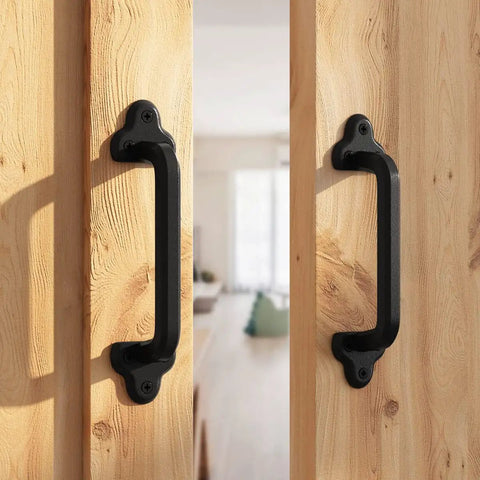 Heavy Duty 9 Inch Antique Barn Door Handle Set Of 2, Rugged Rustic Retro Cast Iron Pulls For Gates Garages Sheds And Furniture, Black Powder Coated Finish, Square, mounted on wooden doors