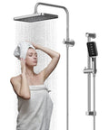 Woman under Dope Spa Like Rain Shower Kit With Handheld 12 Inch Square Rain Head With 14 Inch Extension Arm 90 Inch Hose Chrome Finish
