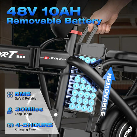 Powerful Folding Electric Bike With 800W To 1200W Peak Motor For Dope City Commutes 48V 10Ah removable battery detail