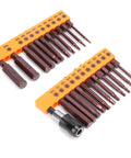 23 Piece Screwdriver Bit Set with Hex Heads And Two Styles Made From Top Tier S2 Steel For Heavy Duty Drilling And Manual Tools. On orange holders