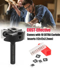 Close-up view of CNC Spoilboard Surfacing Router Bit With One Quarter Inch Shank And One And A Quarter Inch Cutting Diameter Two Plus Two T Wing Inserts Carbide Milling Cutter, includes 10 extra carbide inserts.