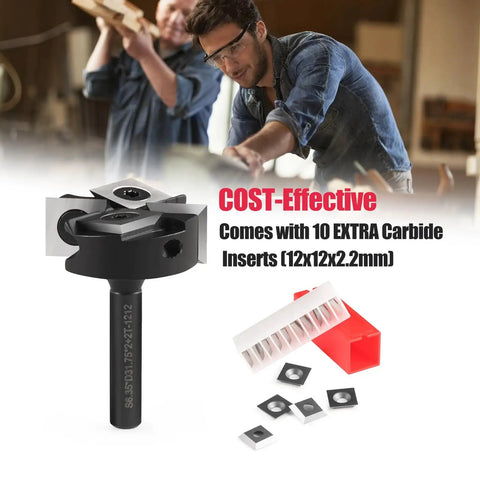 Close-up view of CNC Spoilboard Surfacing Router Bit With One Quarter Inch Shank And One And A Quarter Inch Cutting Diameter Two Plus Two T Wing Inserts Carbide Milling Cutter, includes 10 extra carbide inserts.