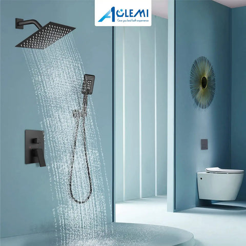 Matte Black 8 Inch Rainfall Shower System With Three Function Shower Head And ABS Handheld Spray Luxury Rough In Valve And Trim Included Wall Mount Shower Mixer Faucet For Modern Bathroom Renovation