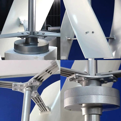 Close-up details of 6000W Wind Turbine Kit with low speed three blade generator and controller featuring durable nylon build.
