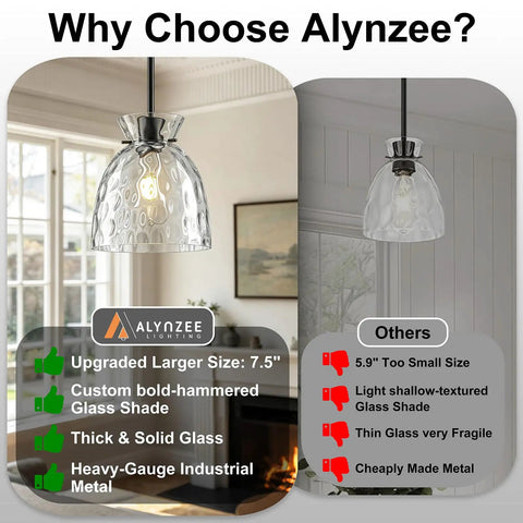 7.5" Black Hammered Glass Pendant Lights Kitchen Island Lighting 1 Pack E26 with thick glass shade and modern design.