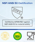 NSF/ANSI 50 certification icons for 20 Micron 10 Inch By 4.5 Inch Whole House Sediment Filter For Well Water, BPA-free label visible.