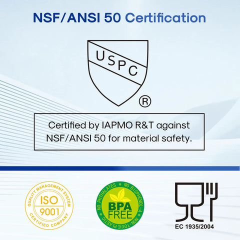 NSF/ANSI 50 certification icons for 20 Micron 10 Inch By 4.5 Inch Whole House Sediment Filter For Well Water, BPA-free label visible.