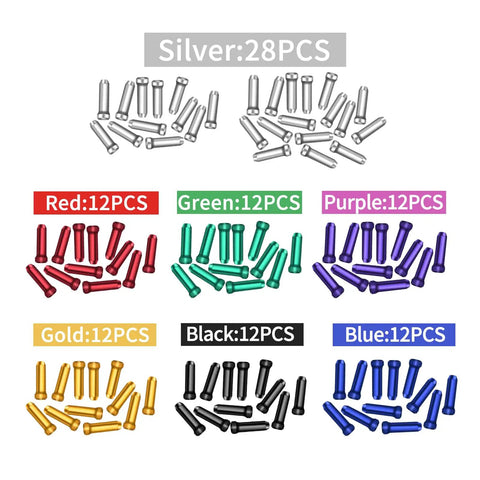 Colorful 100 Piece Bike Brake Cable End Caps Crimps Set for road and mountain bikes, 1.2cm aluminum caps in silver, red, green, purple, gold, black, blue