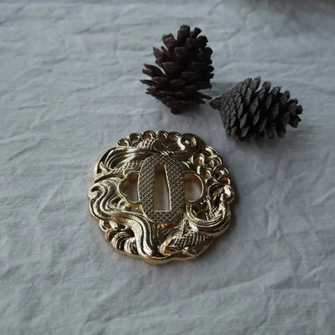Hand Forged Alloy Katana Tsuba Guard For Samurai Swords 3.2 Inch Durable Iaido Accessory ornate fish pattern with pine cones