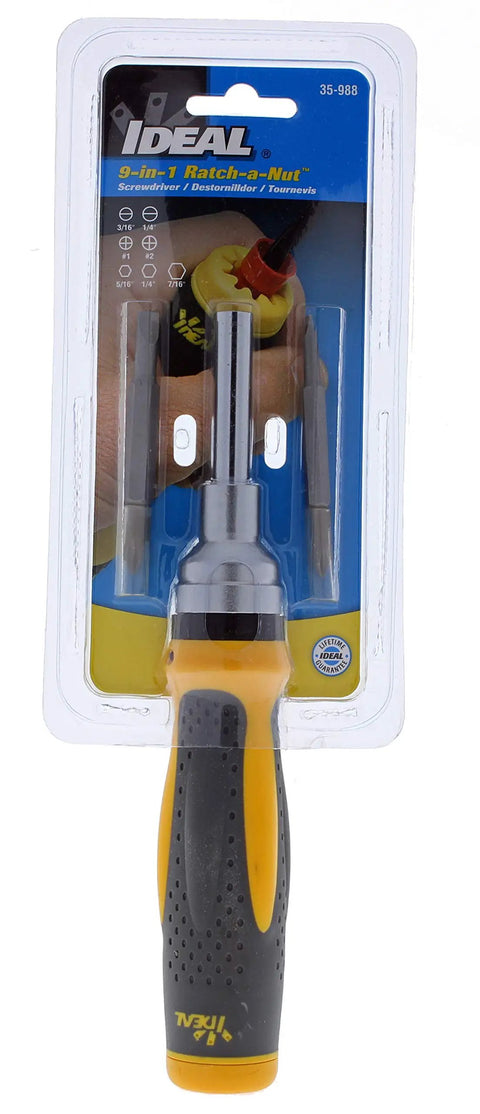 Pro Grade 9-In-1 Ratcheting Nut Driver And Screwdriver Set For Electricians in packaging, showing handle and bits