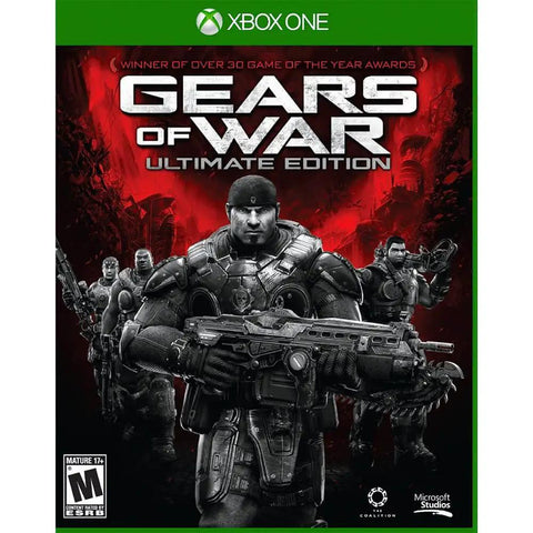 Gears of War Ultimate Edition game cover for Xbox One featuring intense graphics and characters from the game, part of the Badass 500GB Xbox Gaming Console Bundle Featuring The Epic Gears Of War Ultimate Edition With Fully Remastered 1080P Campaign And Savage 60FPS Multiplayer Matches For Serious Players Ready To Level Up Their Setup Fast.