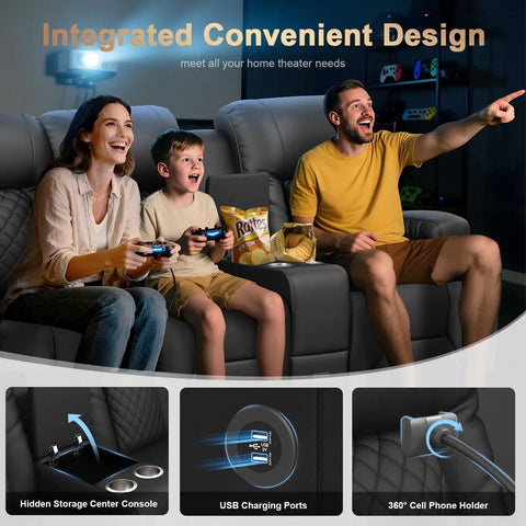 Four Seat Recliner Sofa With Center Console And USB Ports For Easy Charging, Phone Holders, Wall Hugger RV Style Couch With Storage