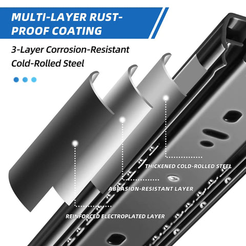 Beefy Full Extension Drawer Slides Set side mount rails with 3-layer rust-proof coating, cold-rolled steel, ball bearing tracks