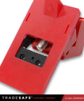 Close-up of red clamp on circuit breaker lockout device, OSHA compliant, for 120/277 Volt, single pole toggles up to 5/8 by 1/2 inch.