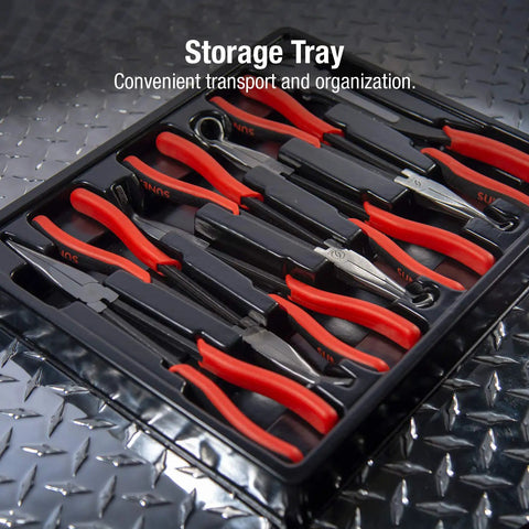 10 Piece Precision Pliers Set With Non Slip Comfort Grip Handles in Red Silver and Black in storage tray for electronics repair